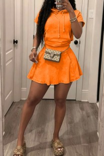 Orange Casual Street Sportswear Daily Hooded Short Sleeve Two Pieces