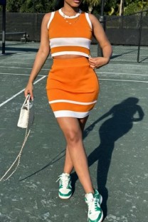 Orange Casual Street Daily Office lady Patchwork Contrast O Neck Sleeveless Two Pieces