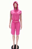 Blue Sexy Casual Y2k Solid Color Capris Hooded Short Sleeve Two Pieces