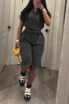 Black Sexy Casual Y2k Solid Color Capris Hooded Short Sleeve Two Pieces