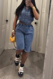 Blue Sexy Casual Y2k Solid Color Capris Hooded Short Sleeve Two Pieces
