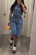 Blue Sexy Casual Y2k Solid Color Capris Hooded Short Sleeve Two Pieces