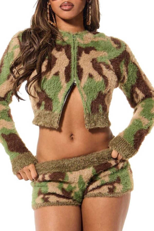 Green Sexy Street Party Hip Hop Y2k Camouflage Cardigan Collar Long Sleeve Two Pieces