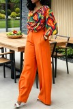 Orange Sexy Casual Street Irregular Printed V Neck Plus Size Two Pieces