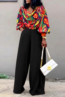 Black Sexy Casual Street Irregular Printed V Neck Plus Size Two Pieces