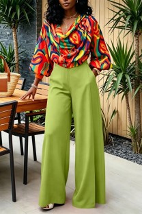 Green Sexy Casual Street Irregular Printed V Neck Plus Size Two Pieces
