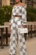White Casual Street Daily Bohemian Graphic Print Off Shoulder Long Sleeve Two Pieces