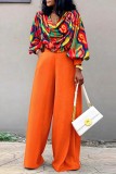 Orange Sexy Casual Street Irregular Printed V Neck Plus Size Two Pieces