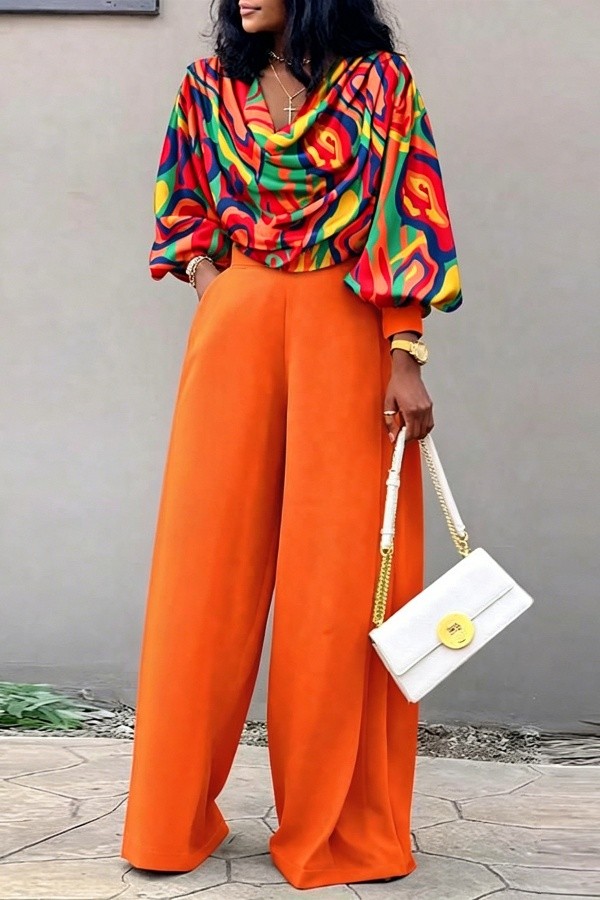 Orange Sexy Casual Street Irregular Printed V Neck Plus Size Two Pieces