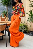Orange Sexy Casual Street Irregular Printed V Neck Plus Size Two Pieces