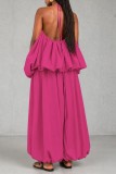 Rose Red Casual Street Daily Solid Color Backless Spaghetti Strap Two Pieces