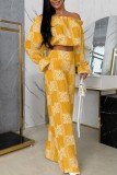 Orange Casual Street Daily Bohemian Graphic Print Off Shoulder Long Sleeve Two Pieces