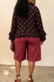 Green Casual Daily Office lady Polka Dot Flounce Belted V Neck Long Sleeve Two Pieces