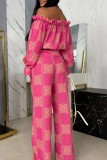 Orange Casual Street Daily Bohemian Graphic Print Off Shoulder Long Sleeve Two Pieces