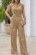 Earth Yellow Casual Street Daily Office lady Y2k Solid Color With Belt Half A Turtleneck Short Sleeve Two Pieces