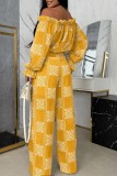 Orange Casual Street Daily Bohemian Graphic Print Off Shoulder Long Sleeve Two Pieces