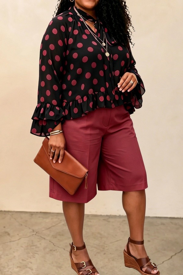 Burgundy Casual Daily Office lady Polka Dot Flounce Belted V Neck Long Sleeve Two Pieces