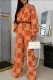 Orange Casual Street Daily Bohemian Graphic Print Off Shoulder Long Sleeve Two Pieces