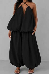 Black Casual Street Daily Solid Color Backless Spaghetti Strap Two Pieces