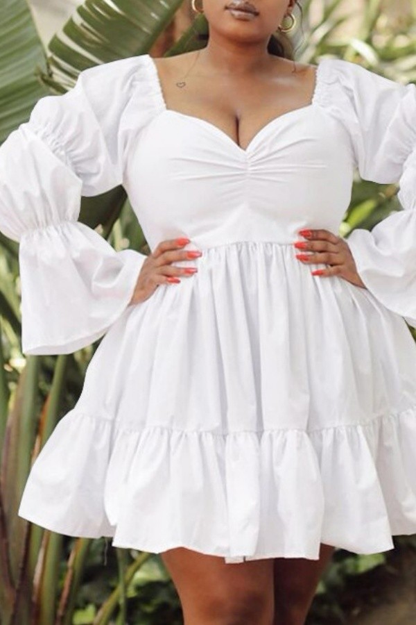 White Sexy Casual Daily Vacation Solid Color Ruffle Hem Off Shoulder A Line Plus Size Dresses