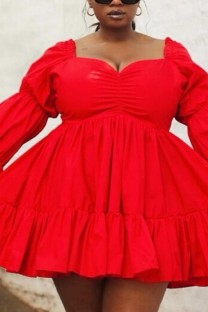 Red Sexy Casual Daily Vacation Solid Color Ruffle Hem Off Shoulder A Line Plus Size Dresses