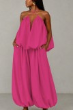Rose Red Casual Street Daily Solid Color Backless Spaghetti Strap Two Pieces