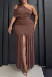 Black Sexy Celebrities Prom Birthday Solid Color Ruched Oblique Collar Wrapped Skirt Plus Size Dresses
