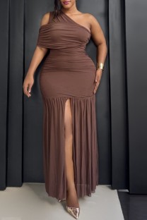 Brown Sexy Celebrities Prom Birthday Solid Color Ruched Oblique Collar Wrapped Skirt Plus Size Dresses
