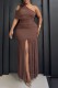 Brown Sexy Celebrities Prom Birthday Solid Color Ruched Oblique Collar Wrapped Skirt Plus Size Dresses
