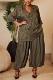 Olive Green Formal Birthday Homecoming Office lady Stripe Turn-back Collar Plus Size Two Pieces