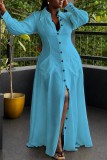 Blue Sexy Casual Street Solid Color Buckle Shirt Collar Shirt Plus Size Dresses