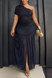 Black Sexy Celebrities Prom Birthday Solid Color Ruched Oblique Collar Wrapped Skirt Plus Size Dresses