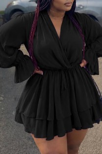 Black Lace Up V Neck A Line Plus Size Dresses