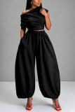 Blue Casual Street Sportswear Y2k Solid Color Sloping Shoulder Plus Size Two Pieces