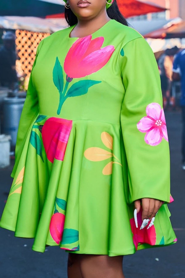 Green Casual Street Vacation Floral Print O Neck A Line Plus Size Dresses