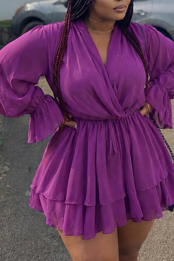 Fuchsia Lace Up V Neck A Line Plus Size Dresses