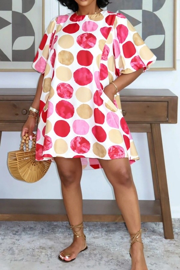 Pink Casual Vacation Colorblock Print O Neck A Line Dresses