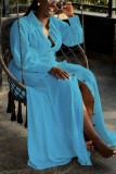 Blue Sexy Casual Street Solid Color Buckle Shirt Collar Shirt Plus Size Dresses