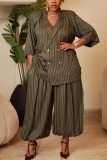 Olive Green Formal Birthday Homecoming Office lady Stripe Turn-back Collar Plus Size Two Pieces