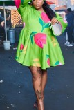 Green Casual Street Vacation Floral Print O Neck A Line Plus Size Dresses