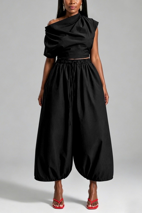 Black Casual Street Sportswear Y2k Solid Color Sloping Shoulder Plus Size Two Pieces