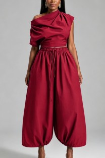 Red Casual Street Sportswear Y2k Solid Color Sloping Shoulder Plus Size Two Pieces