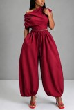 Blue Casual Street Sportswear Y2k Solid Color Sloping Shoulder Plus Size Two Pieces