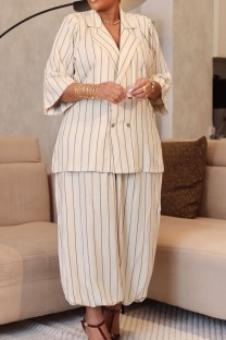 White Formal Birthday Homecoming Office lady Stripe Turn-back Collar Plus Size Two Pieces
