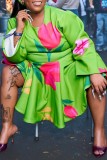 Green Casual Street Vacation Floral Print O Neck A Line Plus Size Dresses