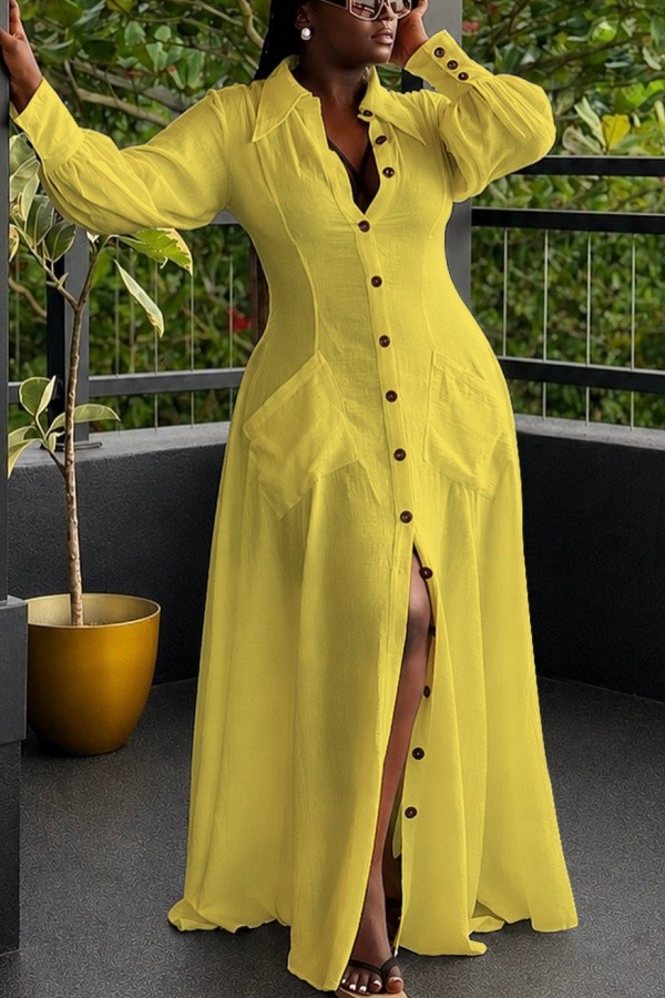 Yellow Sexy Casual Street Solid Color Buckle Shirt Collar Shirt Plus Size Dresses