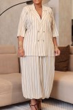 Olive Green Formal Birthday Homecoming Office lady Stripe Turn-back Collar Plus Size Two Pieces