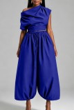 Blue Casual Street Sportswear Y2k Solid Color Sloping Shoulder Plus Size Two Pieces