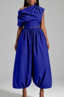 Blue Casual Street Sportswear Y2k Solid Color Sloping Shoulder Plus Size Two Pieces