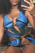 Blue Sexy Print Hollowed Out V Neck Pencil Skirt Dresses